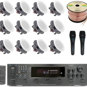Home Theater Sound System Kit -6 Ch 6000 W Bluetooth Amplifier w/ 12 Qty of 6.5″ Frameless in-Wall in-Ceiling Speakers 200 W Each, 2 Qty of Wired Mic, 500 ft Speaker Wire & Remote by Technical Pro