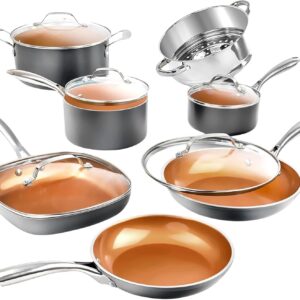 Gotham Steel 12 Pc Ceramic Cookware Set Nonstick, Ceramic Pots and Pans Set Non Stick with Steamer for Cooking, Non Toxic PFOA PFOS Free, Ergonomic Stay Cool Handles, Oven & Dishwasher Safe, Copper