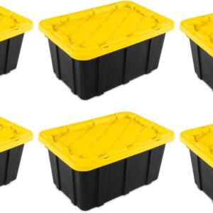 Sterilite 17 Gal Industrial Tote, Stackable Storage Bin with Snap-Fit Lid for Garage, Basement & Attic Storage, Black Base and Yellow Lily Lid, 6-Pack