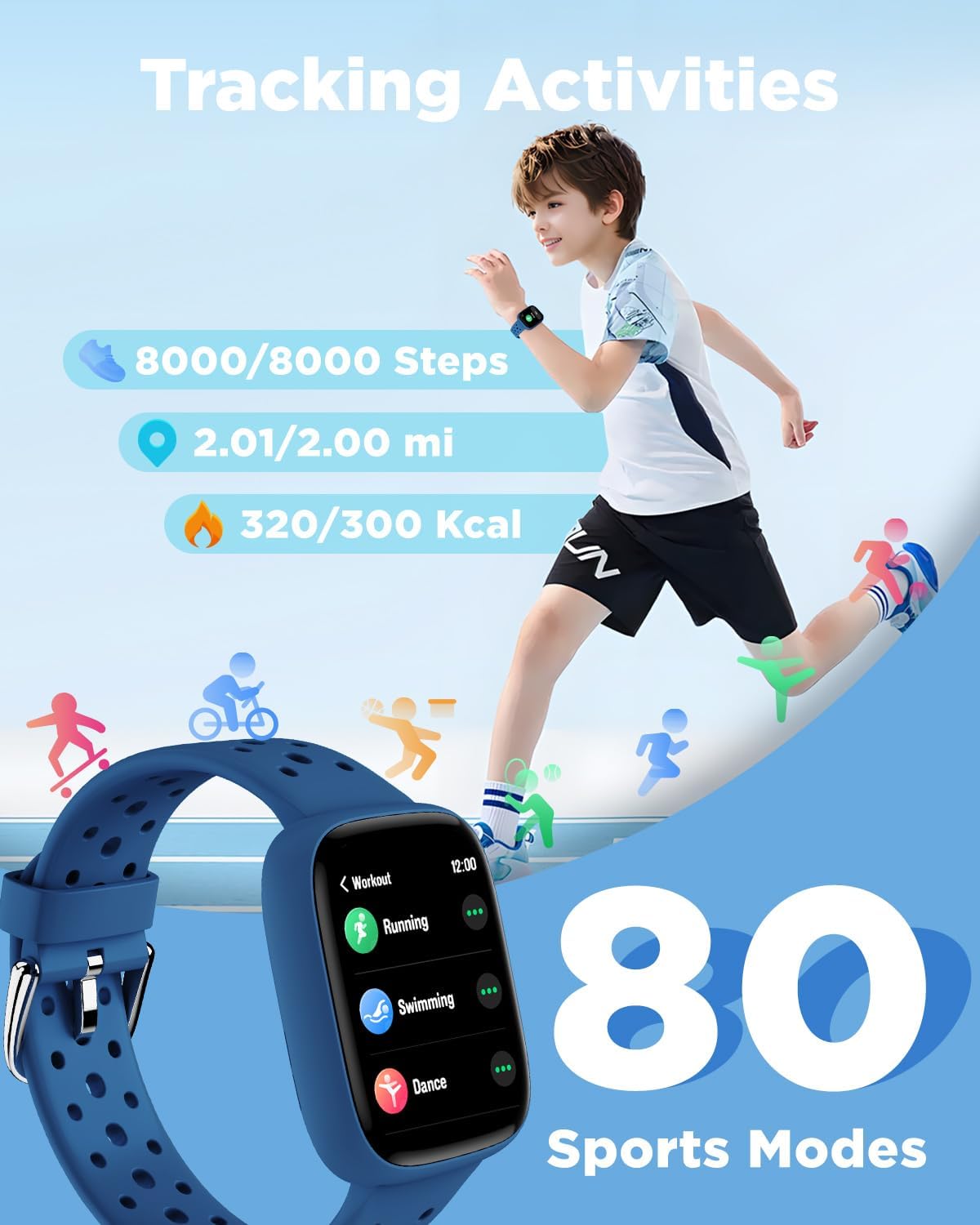 BIGGERFIVE Smart Watch for Kids No APP No Phone Needed, 1.8" Fitness Tracker Watch Pedometer, Heart Rate, Sleep Monitor, IP68 Waterproof, Step Counter, Puzzle Games for Girls Boys Teens 5-16, Blue - Image 3