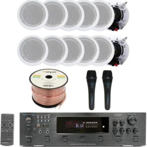 Home Audio System Kit – 6 Channel 6000 W Bluetooth Amplifier w/ 12 Qty of 6.5″ in-Wall in-Ceiling Speakers 200 W Each, 2 Qty of Wired Mic, 500 ft Speaker Wire & Remote by Technical Pro