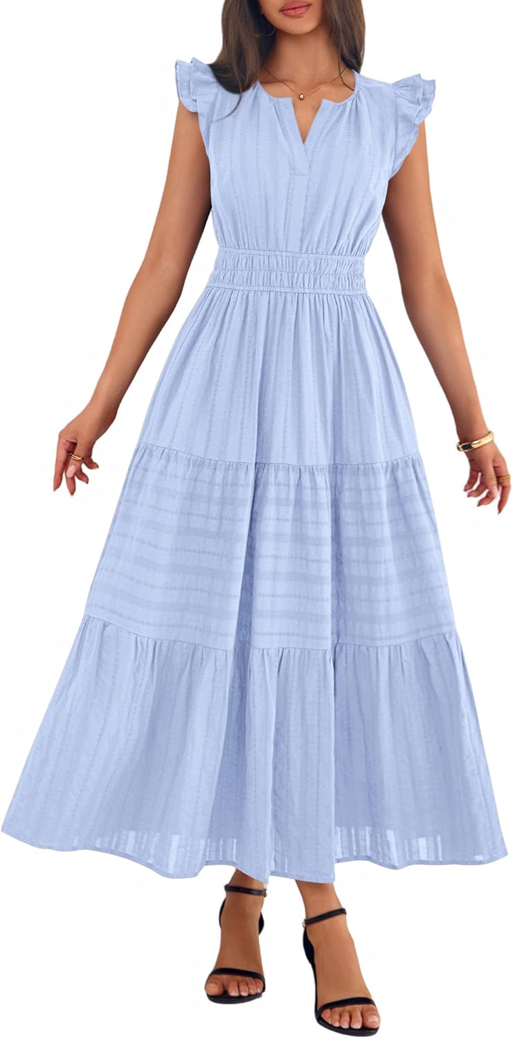 BTFBM Dresses for Women Spring 2026 Maxi Casual Dress Flutter Short Sleeve V Neck Elastic Waist Boho Beach Vacation Pockets - Image 8