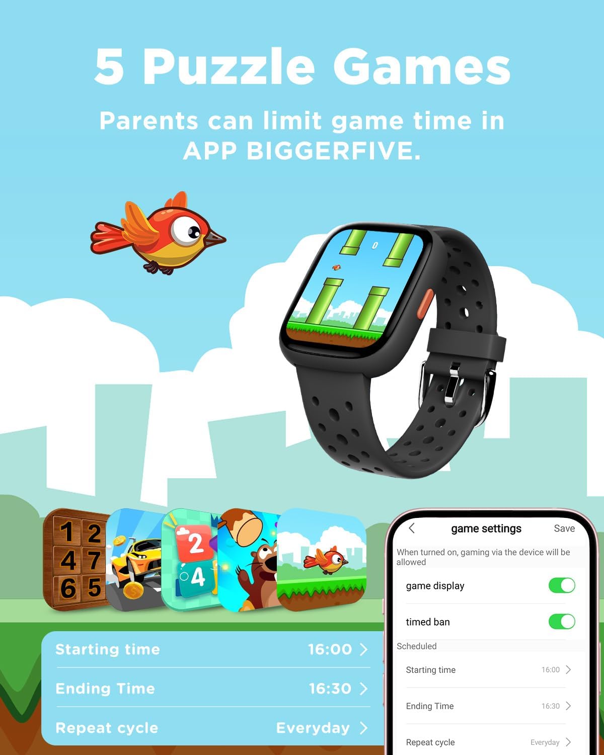 BIGGERFIVE Smart Watch for Kids, 1.8" Fitness Tracker Watch Pedometer, Heart Rate, Sleep Monitor, IP68 Waterproof, Calorie Step Counter, Puzzle Games with/Without APP for Girls Boys Teens 5-16, Black - Image 6