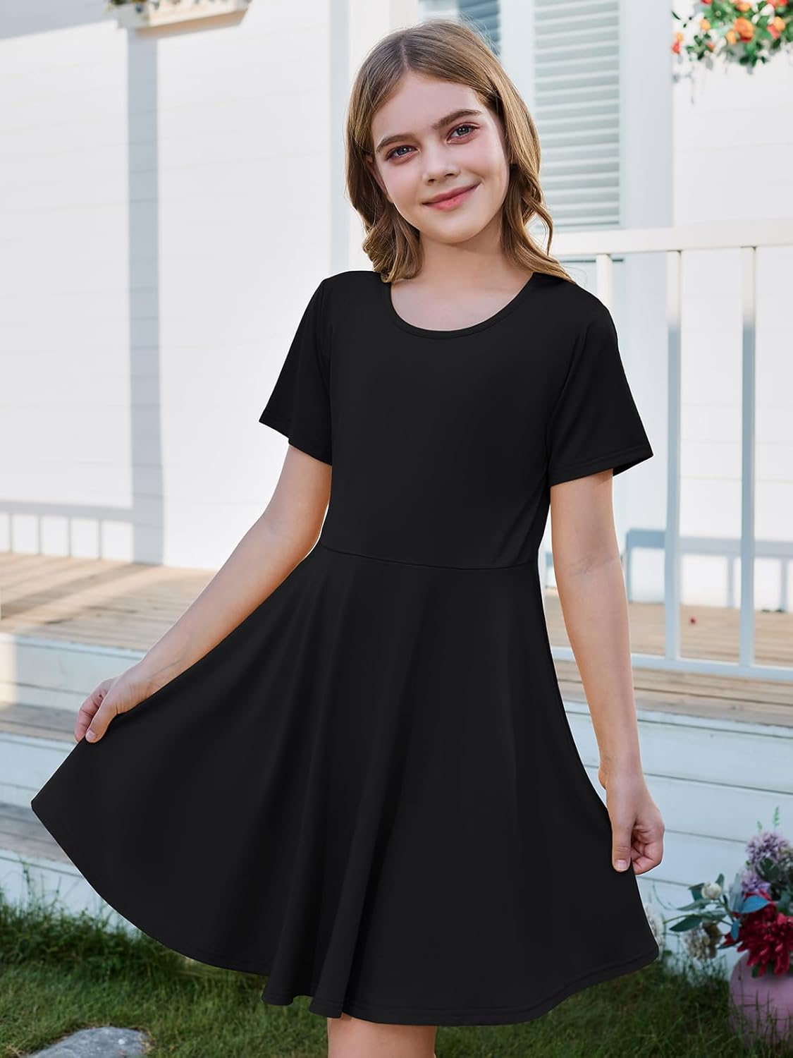 ZDC Girls Short Sleeve Casual Dresses Summer Kids A Line Flowy Skater Dress - Image 4