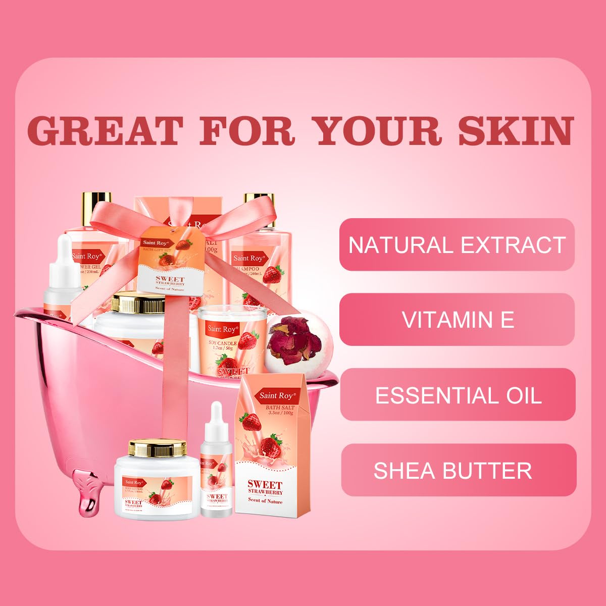 Spa Kit for Women, Bath & Body Gift Set, Luxury Home Spa Bath Gift Basket, Strawberry Scented Bath Set Christmas Gifts for Women, Pamper Gifts for Girls & Teens, Birthday Gift, Bath Self Care Gift - Image 6