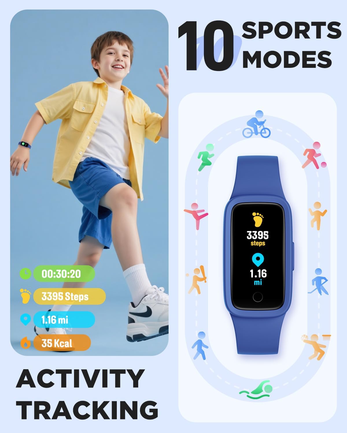 BIGGERFIVE Vigor 3 Kids Fitness Tracker Watch, AMOLED Screen, No App No Phone Needed, 3ATM Waterproof, Heart Rate and Sleep Monitor, Pedometer Watch, Sports Step Counter for Boys Girls Ages 5-15, Blue - Image 4