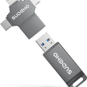 MFi Certified Photo Stick 128GB USB Flash Drive for iPhone, 4 in 1 External Memory Thumb Drive for Picture Video Data Backup, High Speed Memory Stick USB Drive for iPhone/iPad/Android/PC (Gun Black)