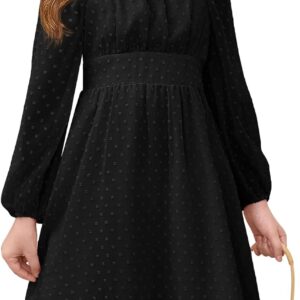 Haloumoning Girls Long Sleeve Dress Kids Ruffle Tiered Dress Swiss Dot Flowy A Line Dresses 5-14 Years