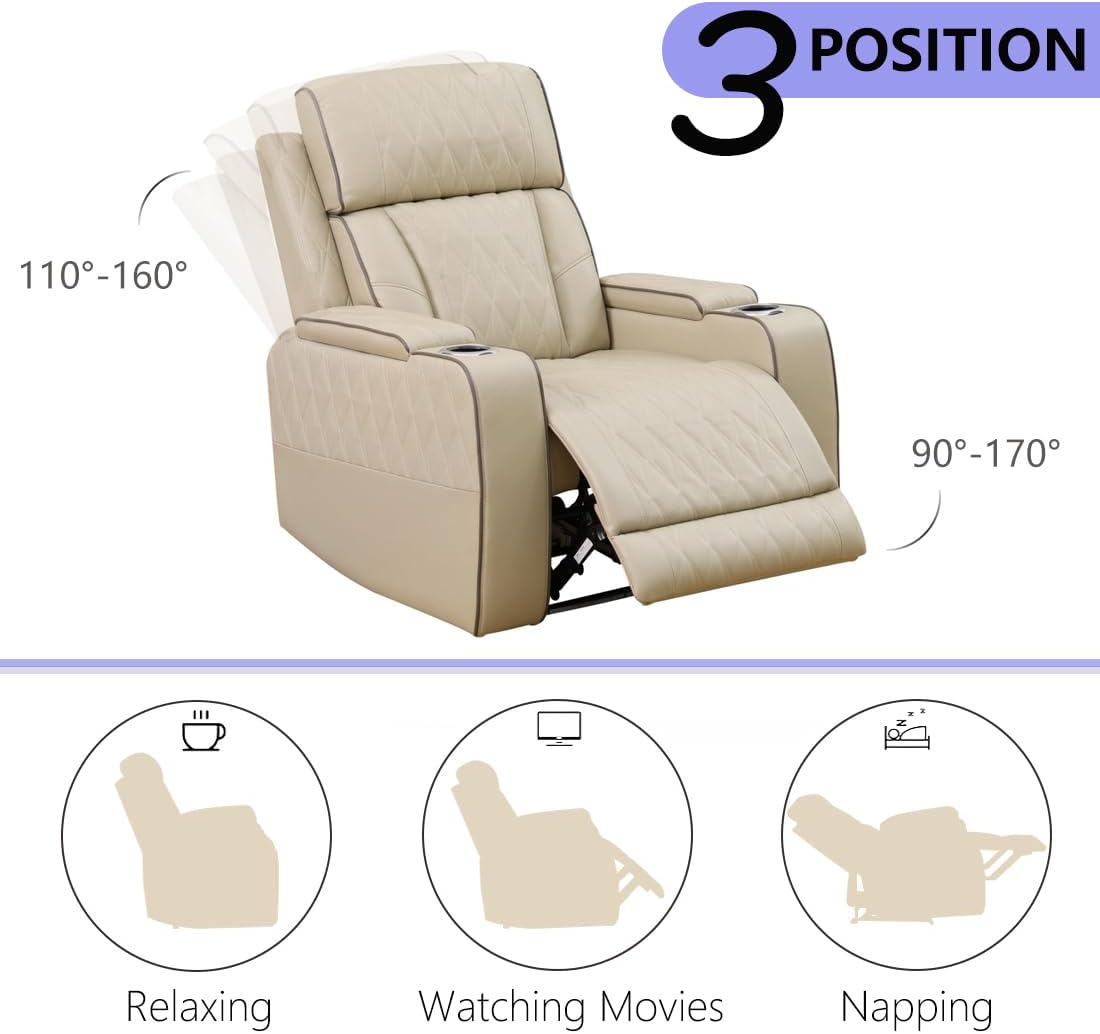 Power Recliner Sofa Set, Living Room Furniture Sets, Leather Reclining Sofa Set, Recliner Couch Loveseat and Chair with Coffee Table/Cup Holders/Charging Port for Home Theater Seat, Khaki - Image 5