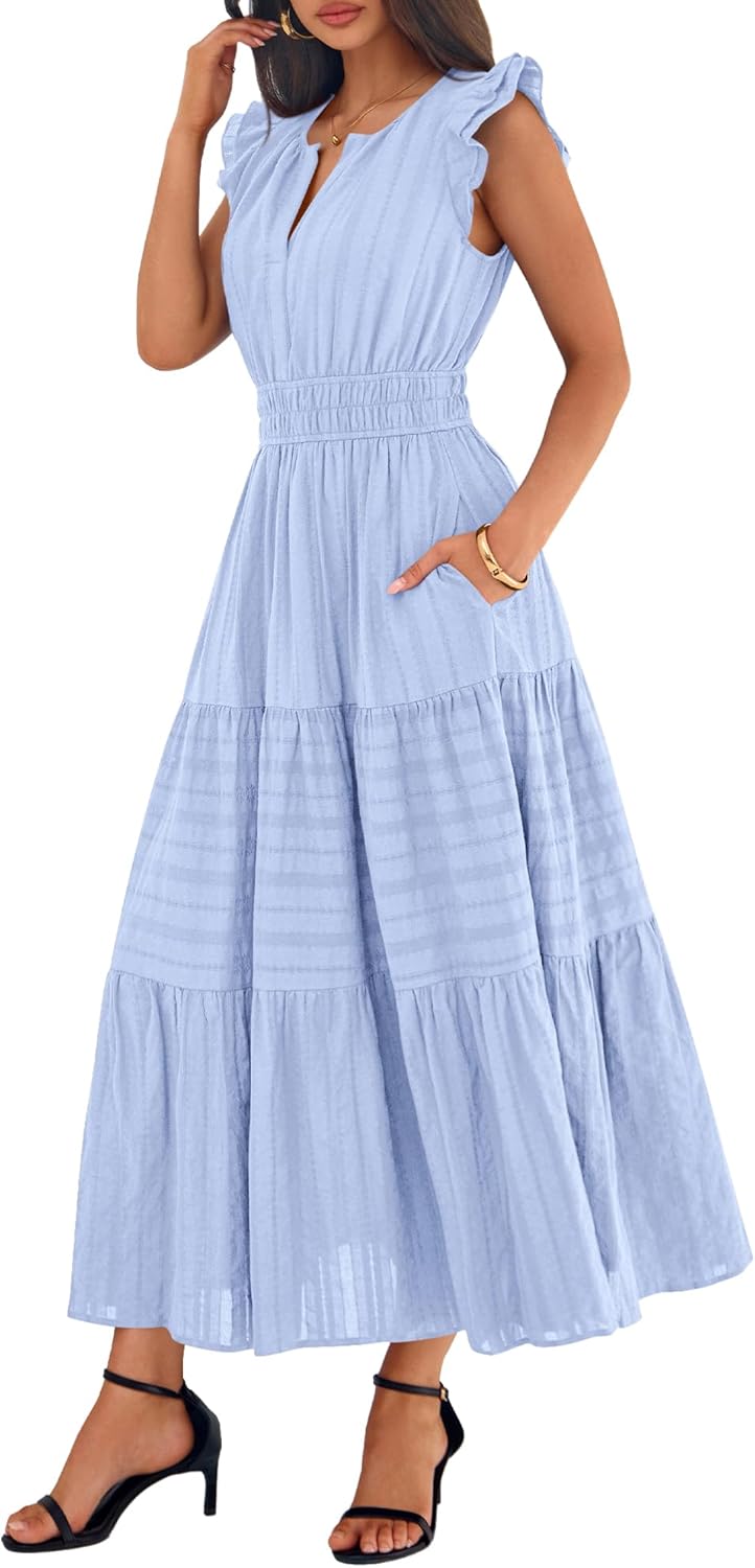 BTFBM Dresses for Women Spring 2026 Maxi Casual Dress Flutter Short Sleeve V Neck Elastic Waist Boho Beach Vacation Pockets - Image 5