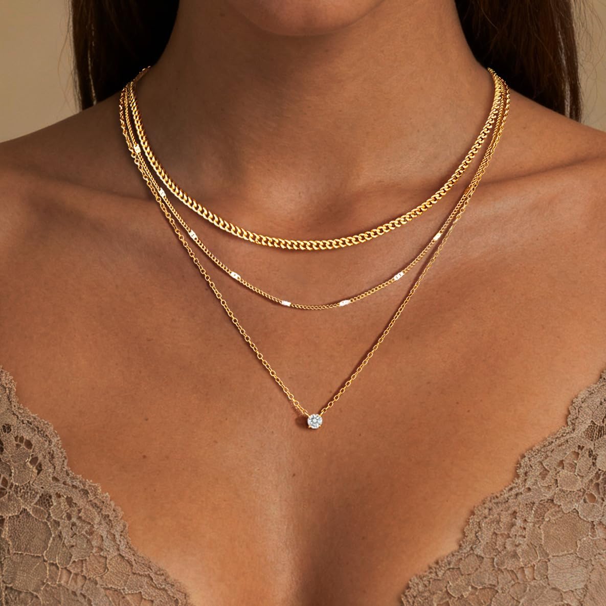 WomenGifts Layered Gold Necklaces for Women, 14K Gold Sterling Silver Plated Dainty Pendant Necklace Set with Cubic Zirconia Circle, Chunky Stackable Cuban Chain Choker, Trendy Holiday Waterproof Jewelry Gift - Image 3