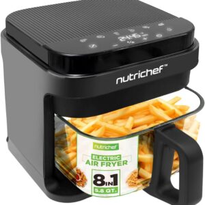 Nutrichef 5.8 Quart Air Fryer | 8-1 Preset Cook Modes | Transparent Fry Bowl for Best Cooking Results | Cook Shrimp, Steak, Fries, Wings, Chicken & More | Precise Temperature Control & Time | Grey