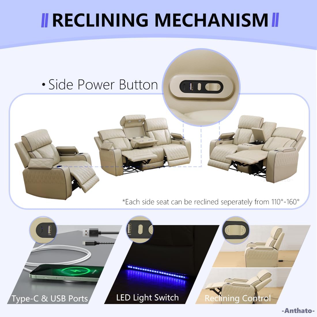 Power Recliner Sofa Set, Living Room Furniture Sets, Leather Reclining Sofa Set, Recliner Couch Loveseat and Chair with Coffee Table/Cup Holders/Charging Port for Home Theater Seat, Khaki - Image 3