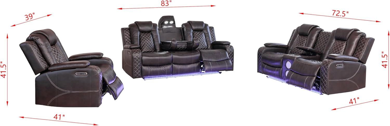 Ball & Cast Power Recliner Sofa Set Leather Reclining Sofa Set Living Room Furniture Set 3PCS Recliner Couch Loveseat & Chair Sets with Coffee Table,Reading Light,Cup Holders for Home Theater Seating - Image 2