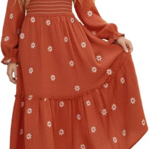 Sunny Spirit Girls Dresses Spring Maxi Tween Boho Floral Long Puff Sleeves Square Neck Embroidered Smocked Dresses 5-14 Years