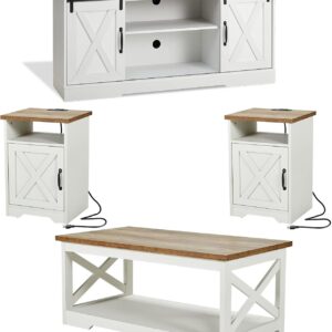 AMERLIFE 4-Piece Farmhouse Table Set Includes Sliding Barn Door TV Stand, Coffee Table& Two End Tables, Side Table with Charging Station and USB Ports, for Living Room, Distressed White, 66″