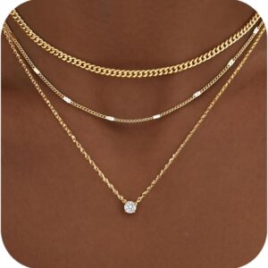 WomenGifts Layered Gold Necklaces for Women, 14K Gold Sterling Silver Plated Dainty Pendant Necklace Set with Cubic Zirconia Circle, Chunky Stackable Cuban Chain Choker, Trendy Holiday Waterproof Jewelry Gift