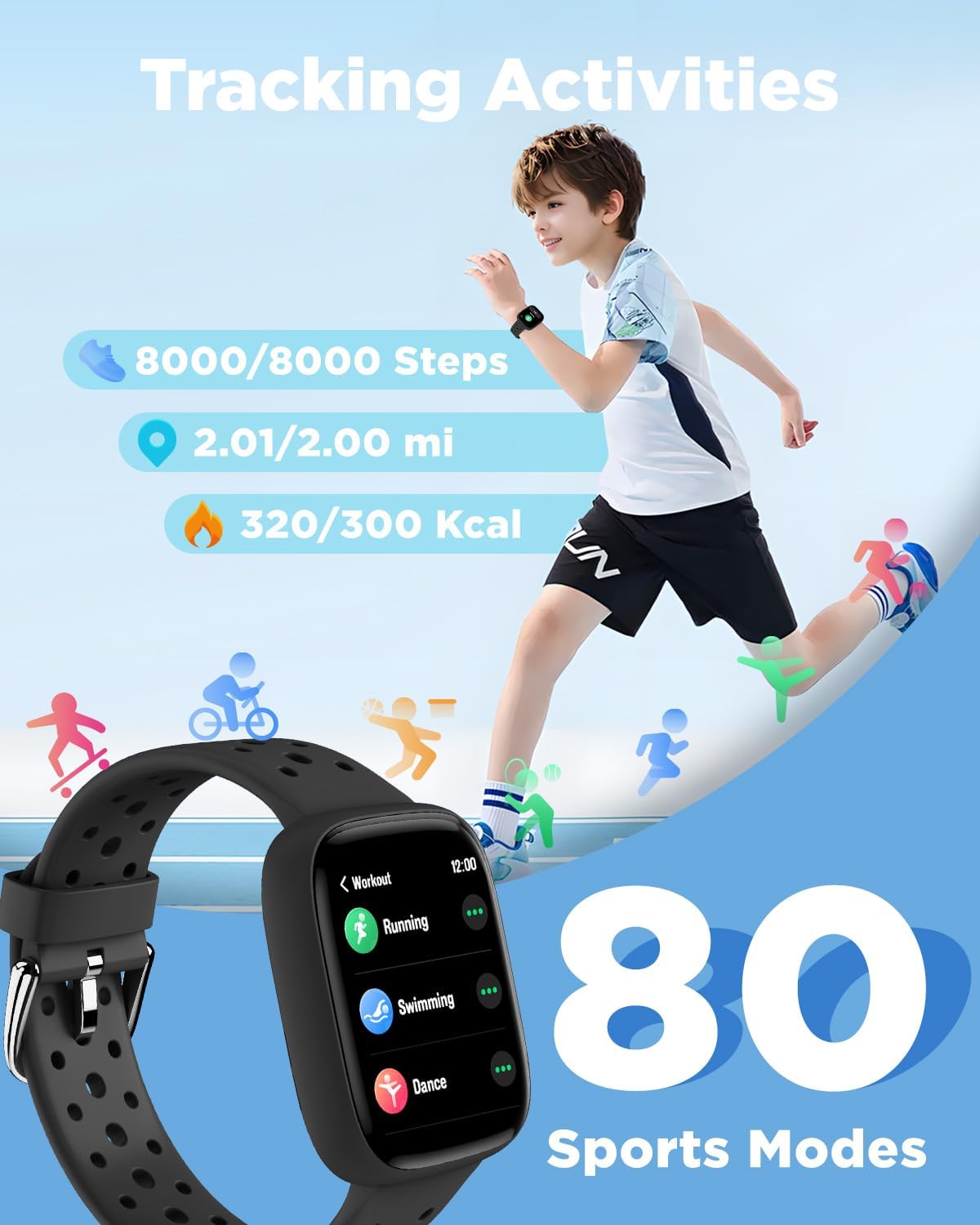 BIGGERFIVE Smart Watch for Kids, 1.8" Fitness Tracker Watch Pedometer, Heart Rate, Sleep Monitor, IP68 Waterproof, Calorie Step Counter, Puzzle Games with/Without APP for Girls Boys Teens 5-16, Black - Image 3
