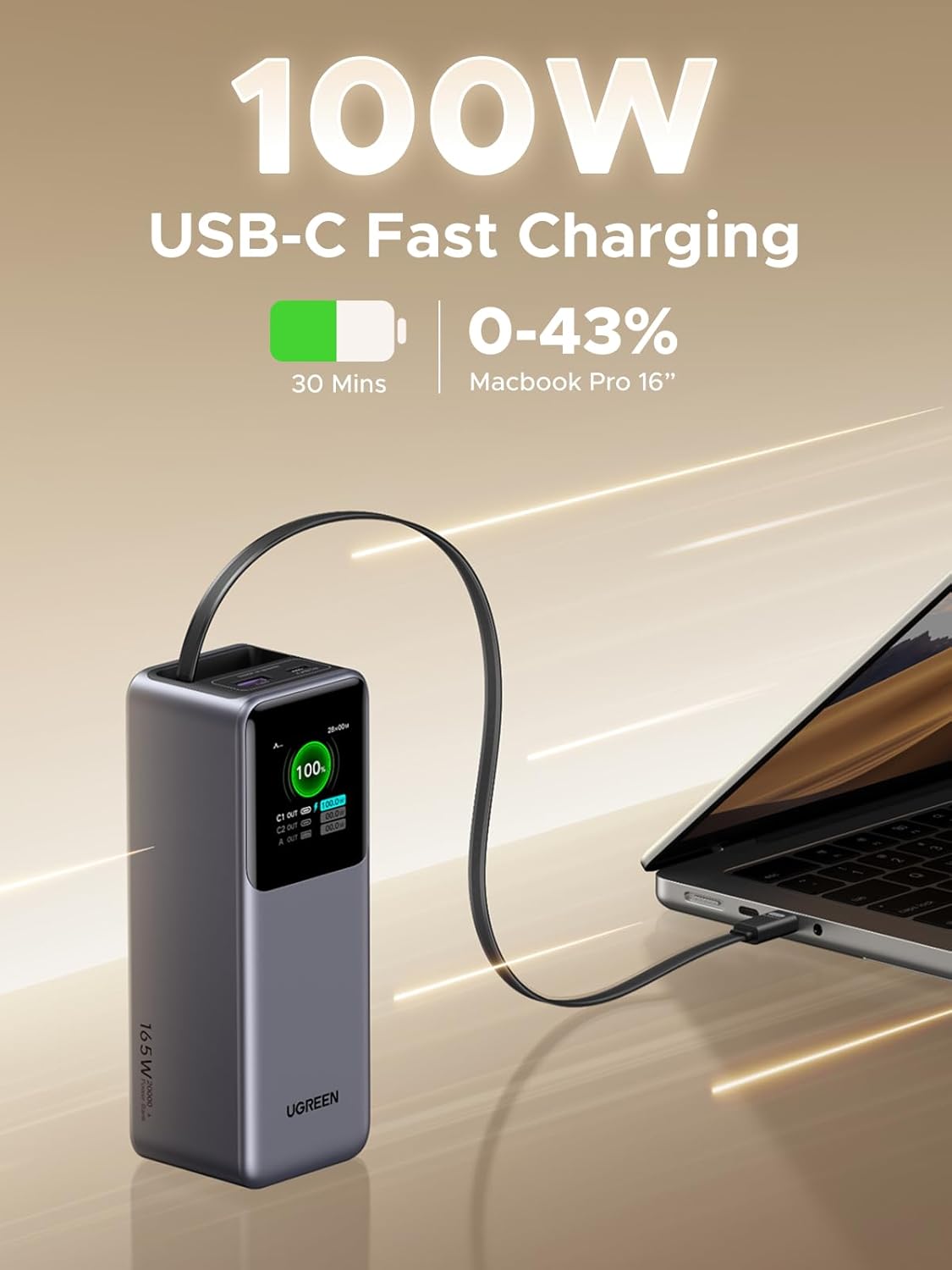 UGREEN Nexode Power Bank 20000mAh 165W with Built-in USB C Cable Laptop Travel Portable Charger, 100W Input, Fast Charging for MacBook Pro/Air/iPhone 17/16/iPad Pro/Galaxy S25 Ultra/Dell/HP and More - Image 2
