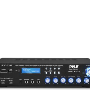 Pyle 3000W Multi-Channel Bluetooth Wireless Power Amplifier – Rack Mount – Stereo Receiver w/ FM Radio – USB/SD – Dual Mic w/ Echo – RCA – Headphone – LED Display – Cooling Fan – P3001BT