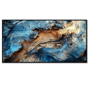 Blue Wood Textured Nature Canvas Painting, Nature Pictures Wall Decor, Tree Ring Wall Art, Blue Decor, Nature Wall Art, Nature Canvas Wall Art, Living Room Decor (Black Framed, 71″Wx35″H/180x90cm)