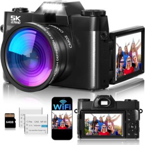 Digital Camera,UHD 75MP 5K Digital Cameras for Photography with WiFi,64GB SD Card Vlogging Travel Camera for YouTube,Featuring 3″ 180°Flip Screen,Suitable for Beginners and Teens,Black