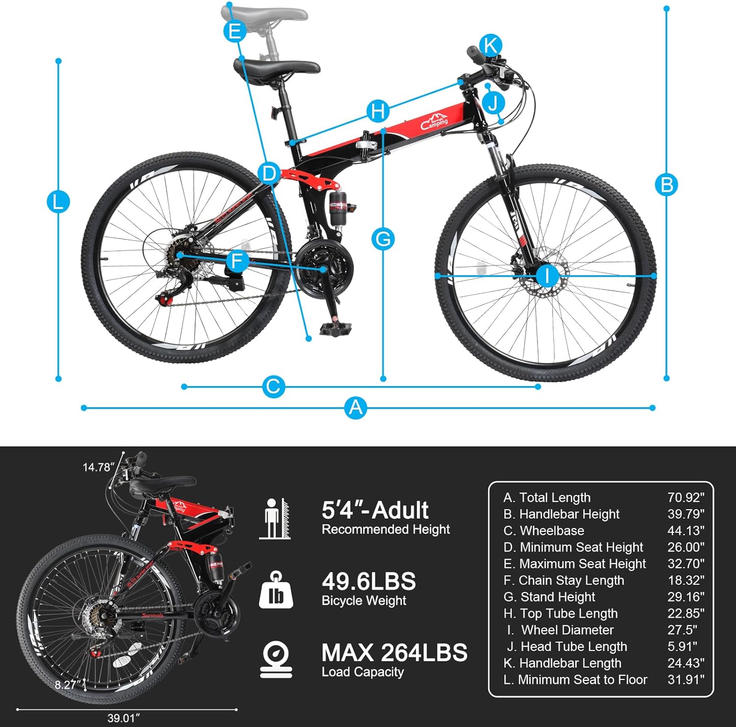24/26/27.5 Inch Foldable Bikes for Adults 21 Speed Mountain Bike, Adult Bicycle with High Carbon Steel Frame, Full Suspension, Dual Disc Brake & Adjustable Ergonomic Seat(Black/Red) - Image 6
