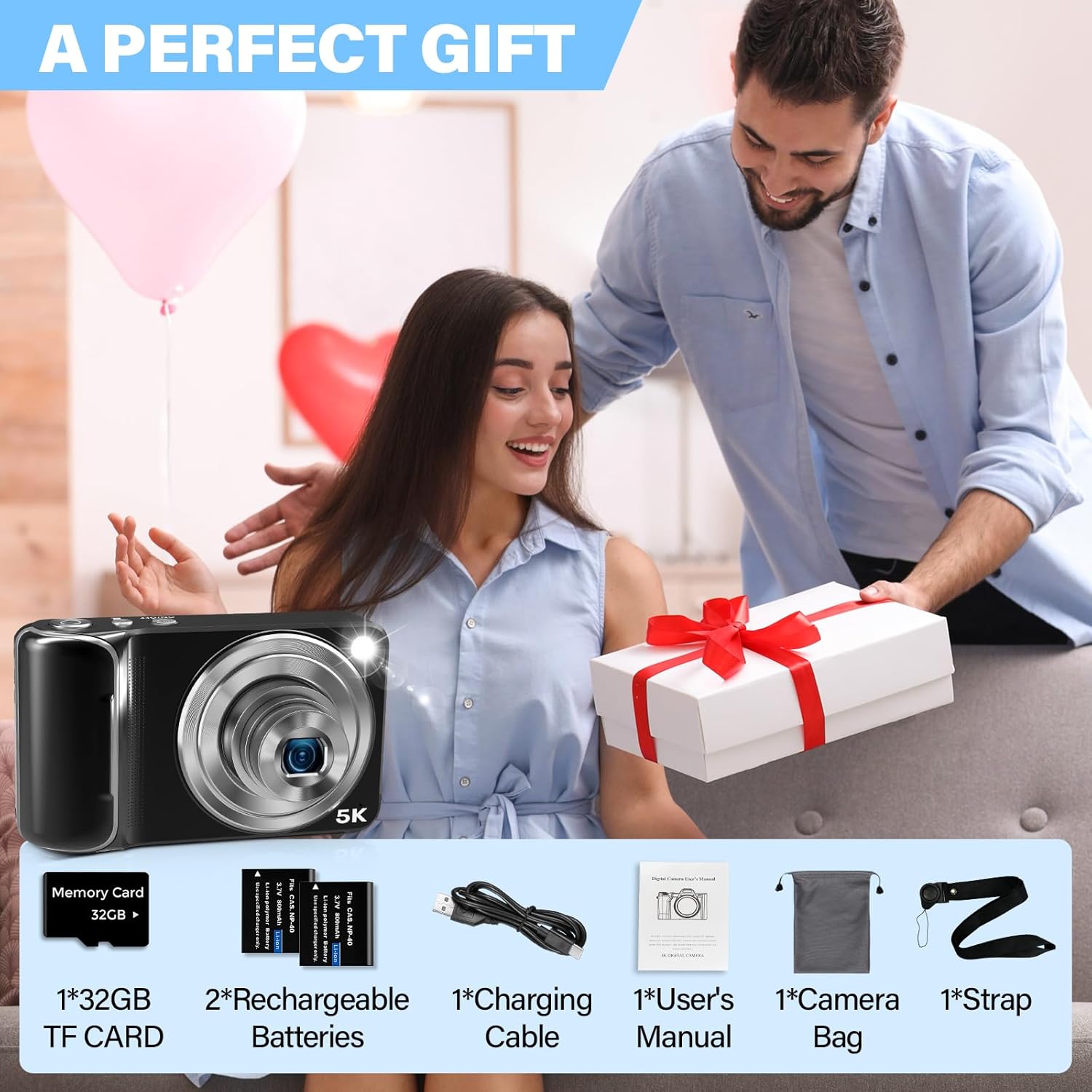 5K Digital Camera for Photography, WiFi 64MP Autofocus Dual Lens Vlogging Camera with Touch Screen, 6X Optical Zoom Compact Point and Shoot Cameras for YouTube, 32GB Card,2 Batteries,Black - Image 8