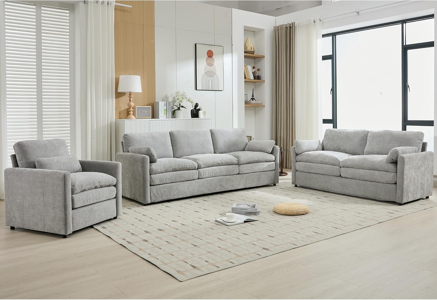 Merax 6 Seats Sofa Set, 3 Pieces Oversized Cozy Sofa Set with Double Plush Cushion, Comfy Upholstered Cloud Couches for Living Room, Light Grey - Image 3