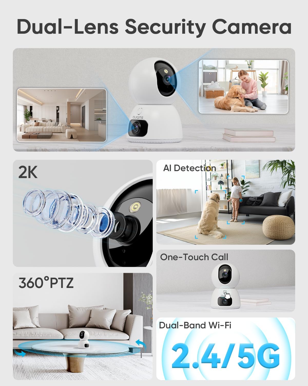 blurams 2K Dual-Lens Indoor Camera, 5G Pet Camera with Phone App, Split-Screen View, Free Human/Sound Detection, Motion Tracking, One-Touch Call, Night Vision, Dual-Band WiFi 6, Work with Alexa. 2Pack - Image 2