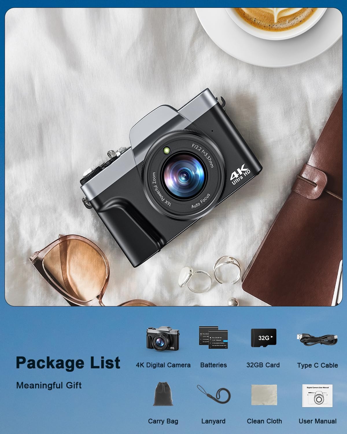 4K Digital Camera for Photography, WiFi 64MP Autofocus Vlogging Camera for YouTube, 3" 180° Flip Screen, 16X Zoom Antishake Compact Point and Shoot Travel Cameras with 32GB SD Card, 2 Batteries, Black - Image 8