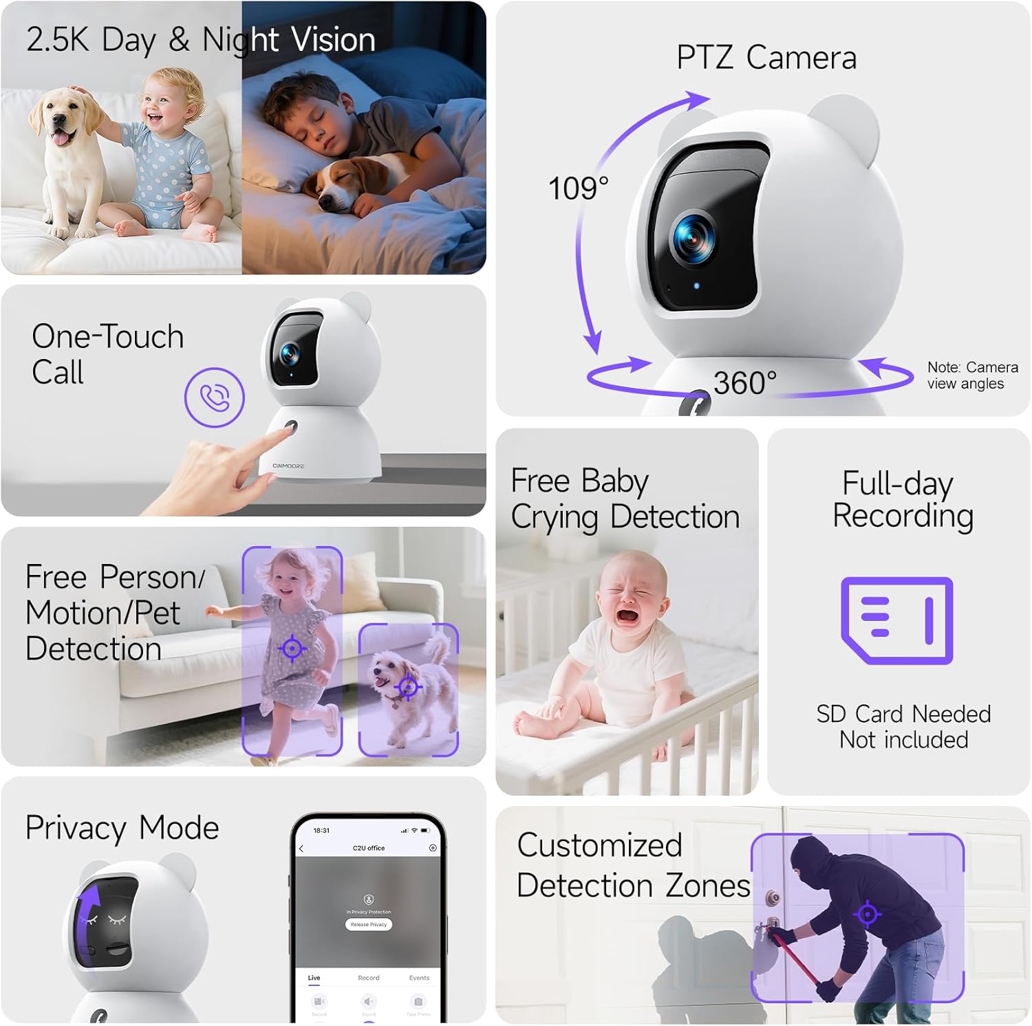 2.5K Security Camera Indoor, Non-Subscription AI Person/Pet/Cry Detection, 4MP Pet/Dog/Cat Camera w/Phone App, Pan Tilt 2.4GHz WiFi Cameras for Home Security, Full Duplex 2-Way Audio, IR Night Vision - Image 9