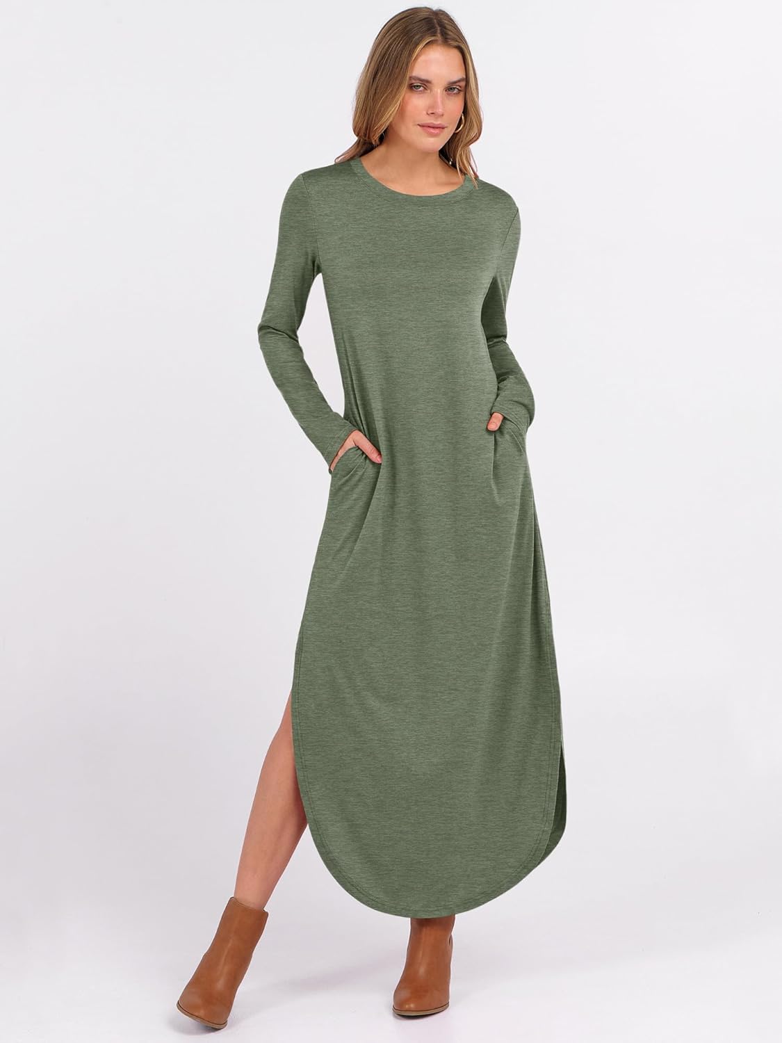 ANRABESS Women's Long Sleeve Maxi Dresses 2025 Fall Outfits Casual Loose Split Travel Vacation T Shirt Dress with Pockets - Image 3