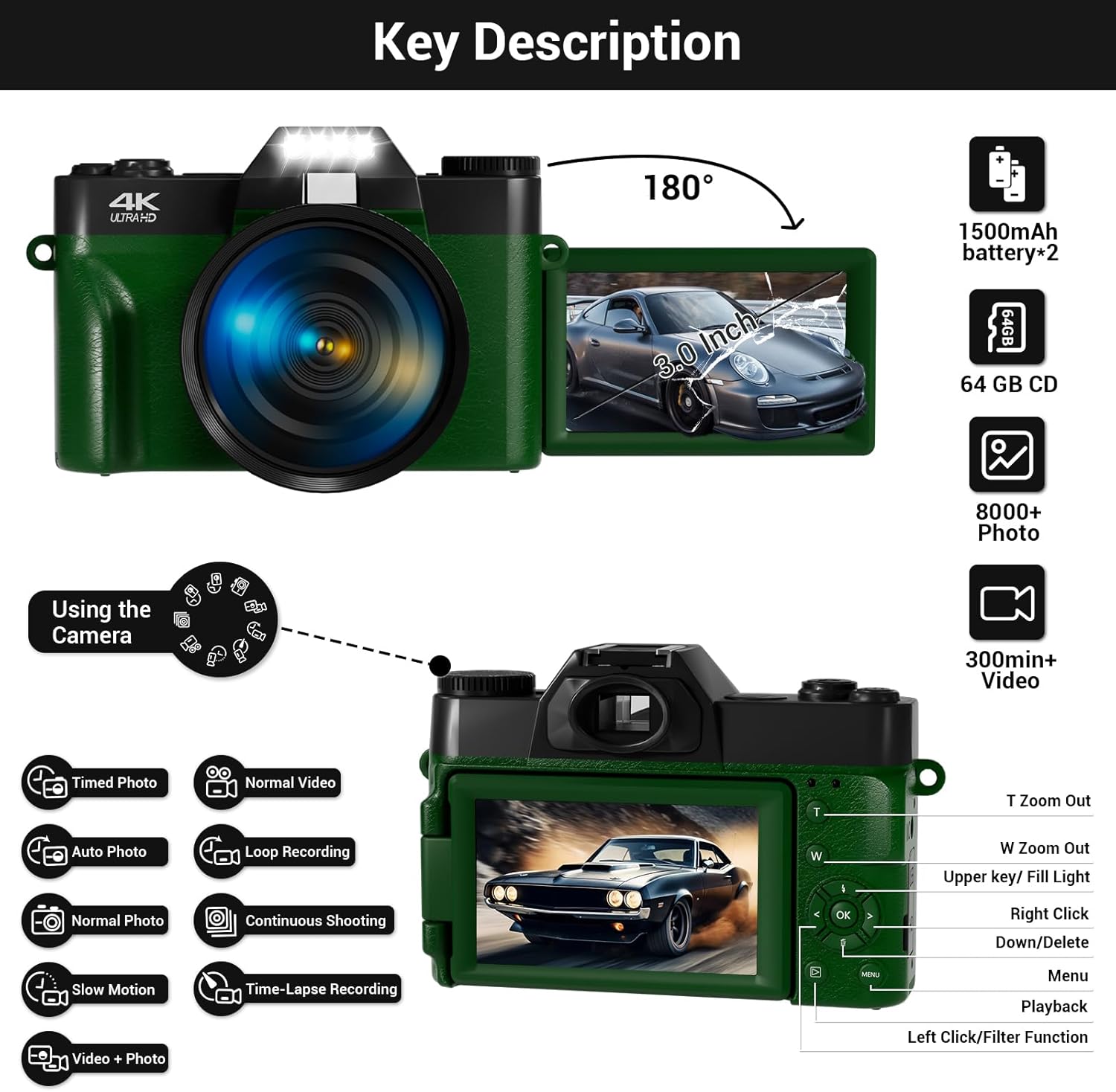 4K Digital Camera for Photography Autofocus 75MP 16X Digital Zoom with 3'' 180° Flip Screen Vlogging YouTube Video Students Compact Cameras with 2 Batteries 64GB Micro SD Card(DeepGreen) - Image 4
