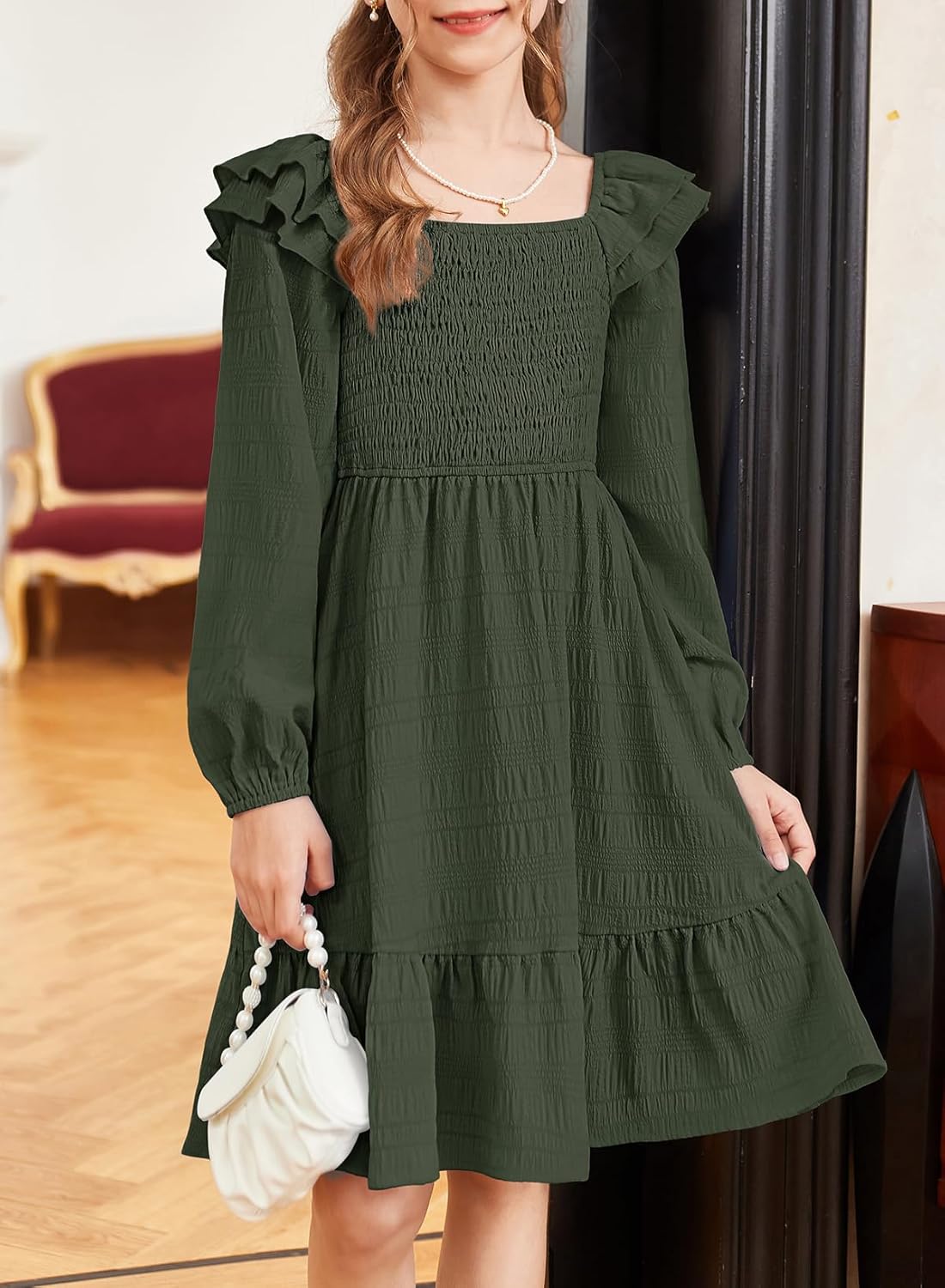 Girls Dresses with Tiered Ruffle Long Sleeve and Side Pockets, Smocked Fall Spring Dress for 6-13 Years - Image 2