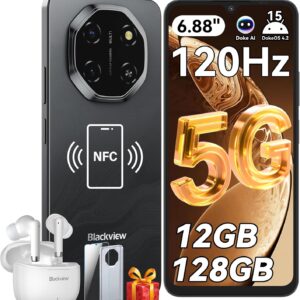 Blackview Shark 6 Unlocked Android Phones 5G (2025), Android 15 Cell Phone Unlocked, 6.88″ 120Hz Display, 12GB+128GB/2TB, 16MP+8MP AI Camera, 5000mAh/18W,Fingerprint/Face ID,Dual SIM/GPS/OTG/NFC,Black