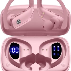 bmani Ear Buds Wireless Earbuds Bluetooth Headphones with 80H Playtime LED Display Case, Over-Ear Hook with Mic, Stereo Sound, Easy Button Controls, Sports Earphones for Running Workout Gym Pink