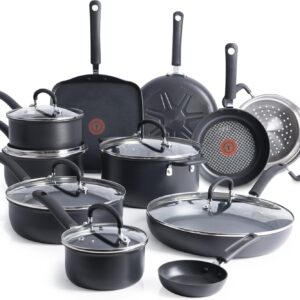 T-Fal Ultimate Hard Anodized Nonstick Cookware Set 17 Piece, Nonstick Pots and Pans Set with Fry Pan, Saucepans, Saute-Pan, Griddle, Dishwasher Safe, Black