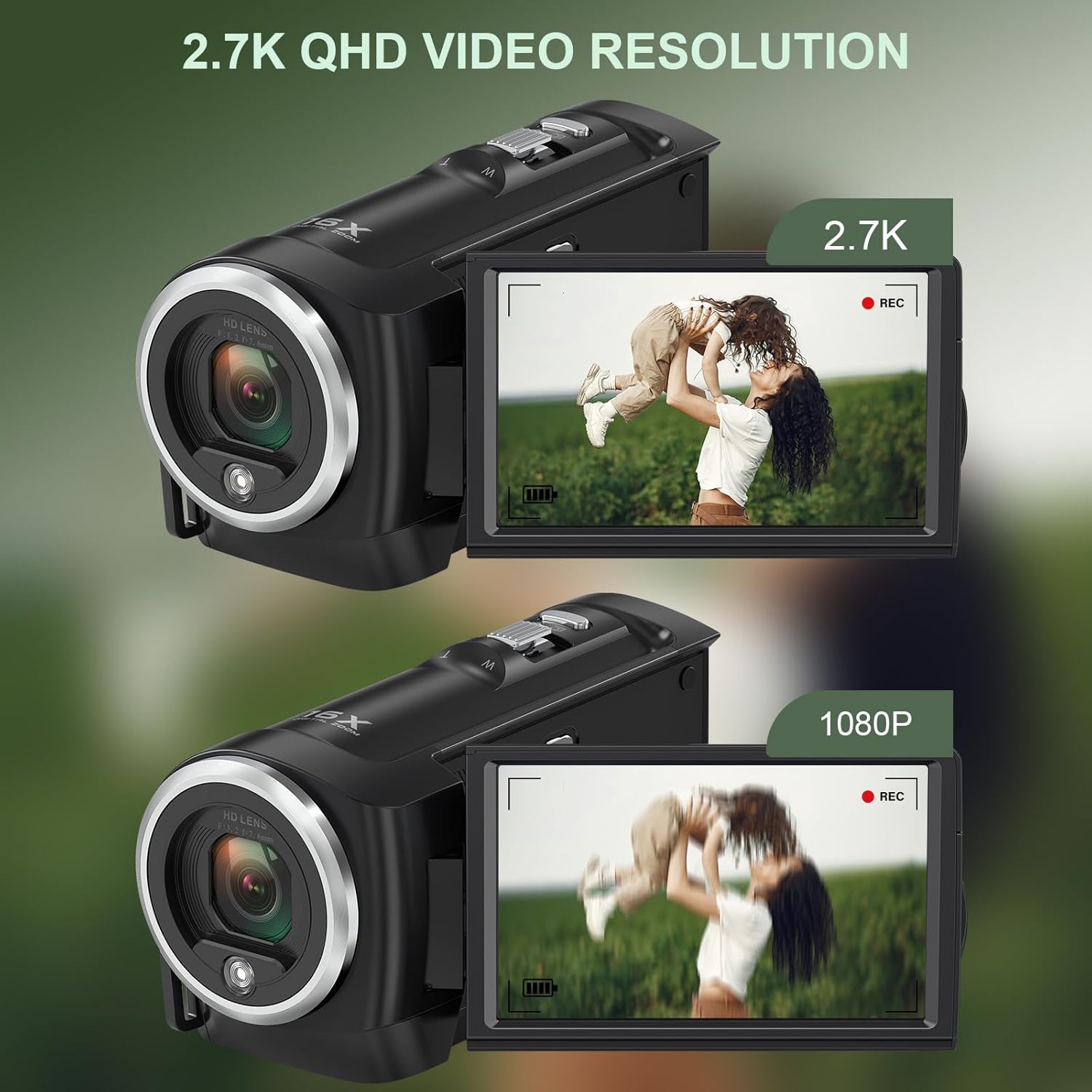 2.7K Video Camera Camcorder 16X Digital Zoom QHD 50MP YouTube Vlogging Camera Webcam 270 Degree Rotation Screen Camcorders with 32G SD Card and 2 Batteries Recording While Charging - Image 2