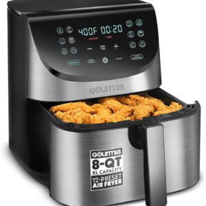 Gourmia Air Fryer – 8 Qt Extra Large Capacity, FryForce360º, Digital Display with 12 Presets, Roast, Bake, Broil, Dehydrate, Dishwasher Safe Accessories, Stainless Steel