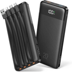 20000mAh Power Bank Fast Charging, Portable Charger with 4 Built-in Cables & 6 Outputs, 20W PD USB C Battery Pack Compatible with iPhone 16/15, Galaxy, Android, iPad & More (Travel Essential)