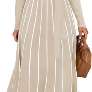 ZESICA Womens 2026 Fall Turtleneck Long Sleeve Sweater Dress Tie Waist Casual Loose Ribbed Knit A Line Midi Dresses