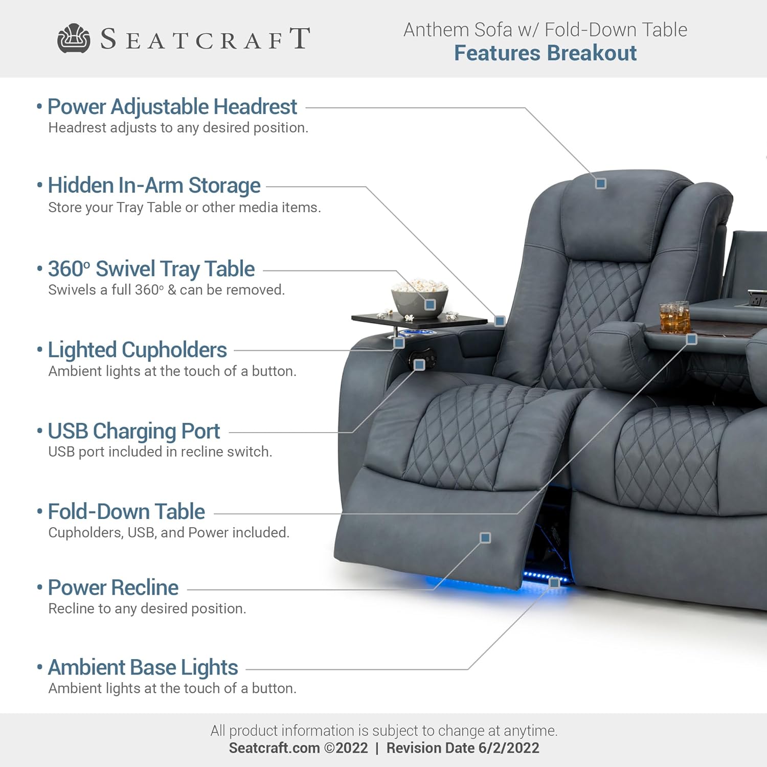 Seatcraft Anthem Italian Leather Sofa w/Fold-Down Table, Living Room, Power Headrest, Power Recline, Smokey Blue - Image 4