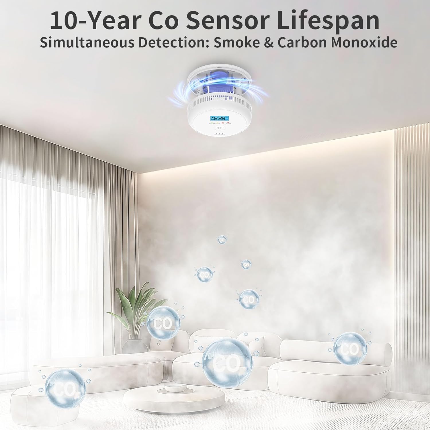 2 in 1 Smoke and Carbon Monoxide Detectors, Battery-Operated (Battery not Included) Smoke Detector and CO Detector with 10-Year Sensor, Sound Warning and LCD Display for Home and Travel. - Image 5
