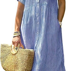 ebossy Women’s Boho Striped Shirt Dress Button Up Side Slit Loose Mid Long Cotton Dress with Pockets