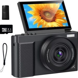 4K Digital Camera,64MP Camera for Photography with 3″ 180° Flip Screen,16X Vlogging Camera for YouTube with 64GB Micro SD Card for Beginner, Teens