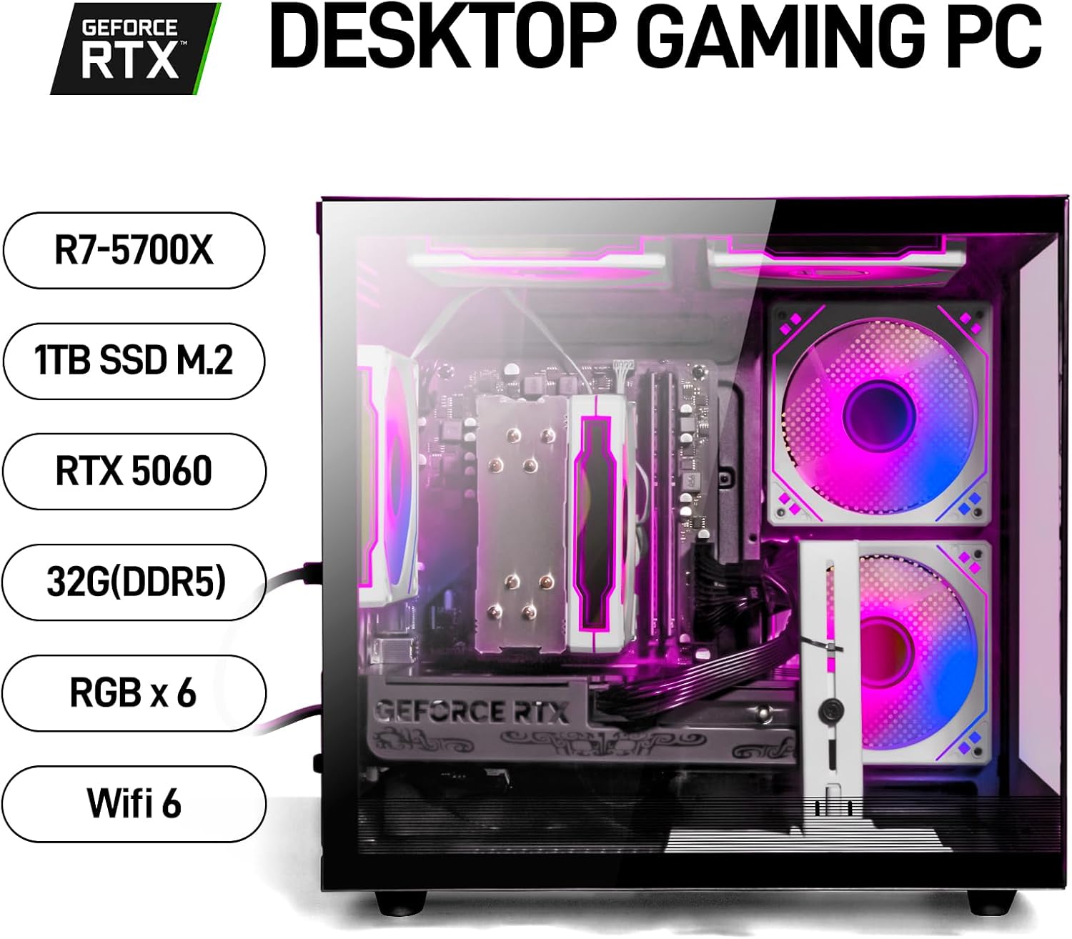 Gaming PC Desktop Ryzen 7 5700X, GeForce RTX 5060, 32G DDR4 RAM, 1TB NVME SSD, Prebuilt Tower Computer for Gaming, Home and Office (Black) - Image 4