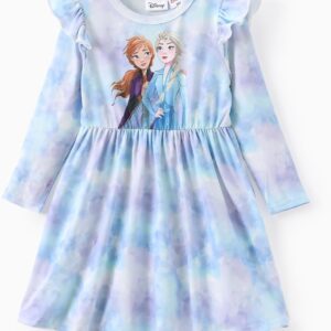 Disney Princess Frozen Elsa Minnie Mickey Stitch Ruffle Sleeve Dress A Line Long Sleeve Kids Clothes Baby to Toddler