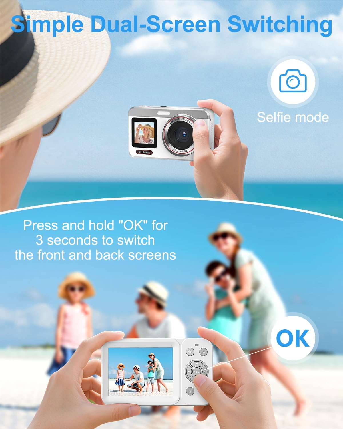 5K Digital Camera, 80MP Dual Screen Autofocus Vlogging Camera, 18X Zoom Point and Shoot Camera for Photography, Flash, 32GB Card, 2 Batteries, Compact Camera for Teens Adults (White) - Image 4