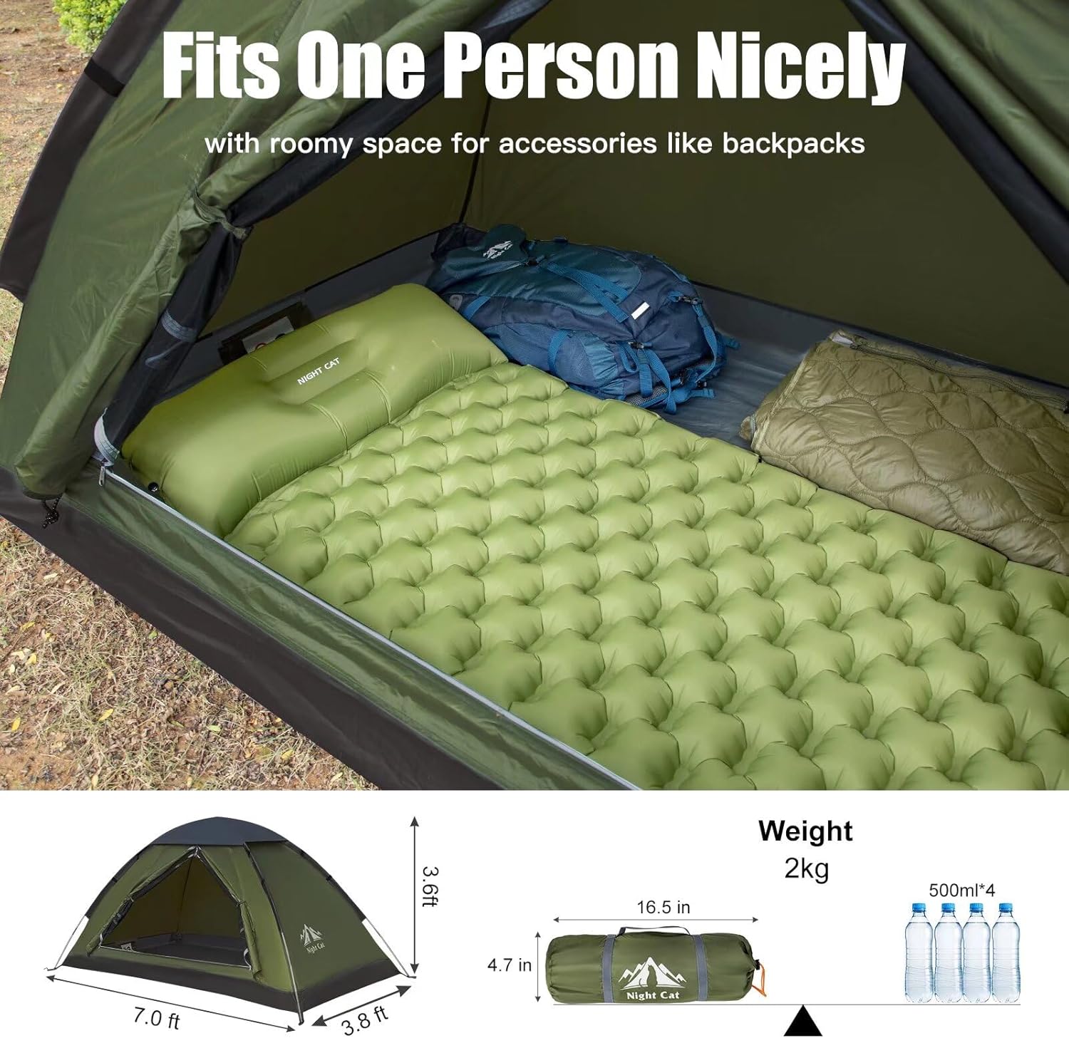 Night Cat Backpacking Tent for One 1 to 2 Persons Lightweight Waterproof Camping Hiking Tent for Adults Kids Scouts Easy Setup Single Layer 2.2x1.2m - Image 3